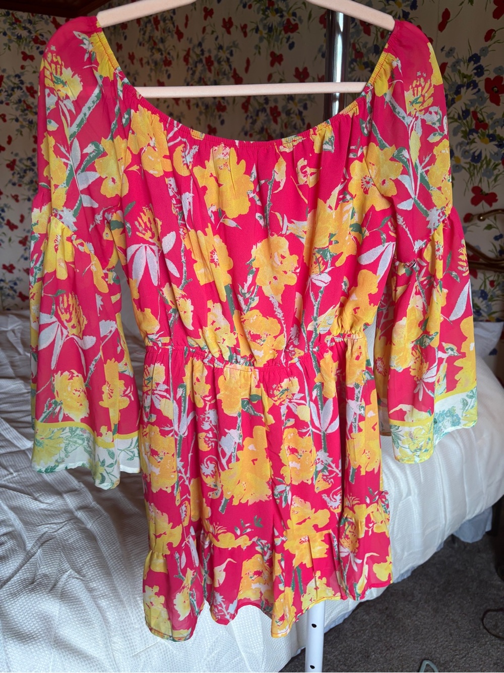 flying tomato floral romper pink yellow boho cottagecore festival off shoulder L - Picture 7 of 9